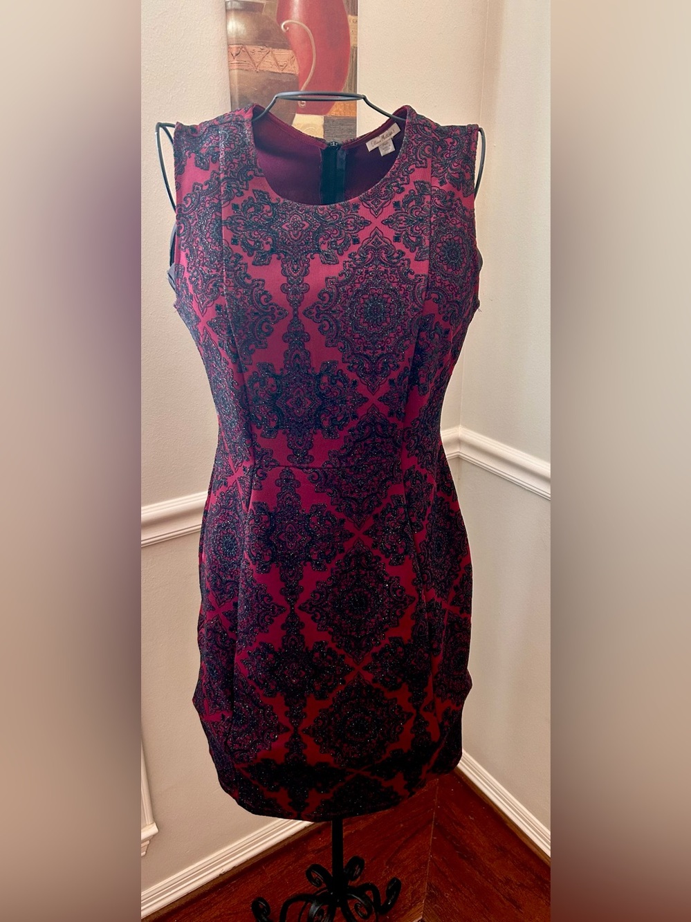 Olivia Matthews Burgundy Midi Dress with Black Damask Pattern